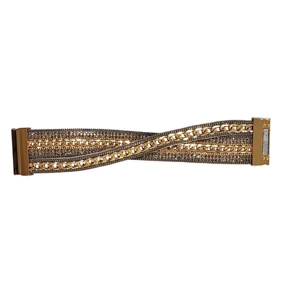 Large Cuff Statement Bracelet Gold-tone Chain Pave Crystals on Crisscross Fabric - Picture 3 of 6